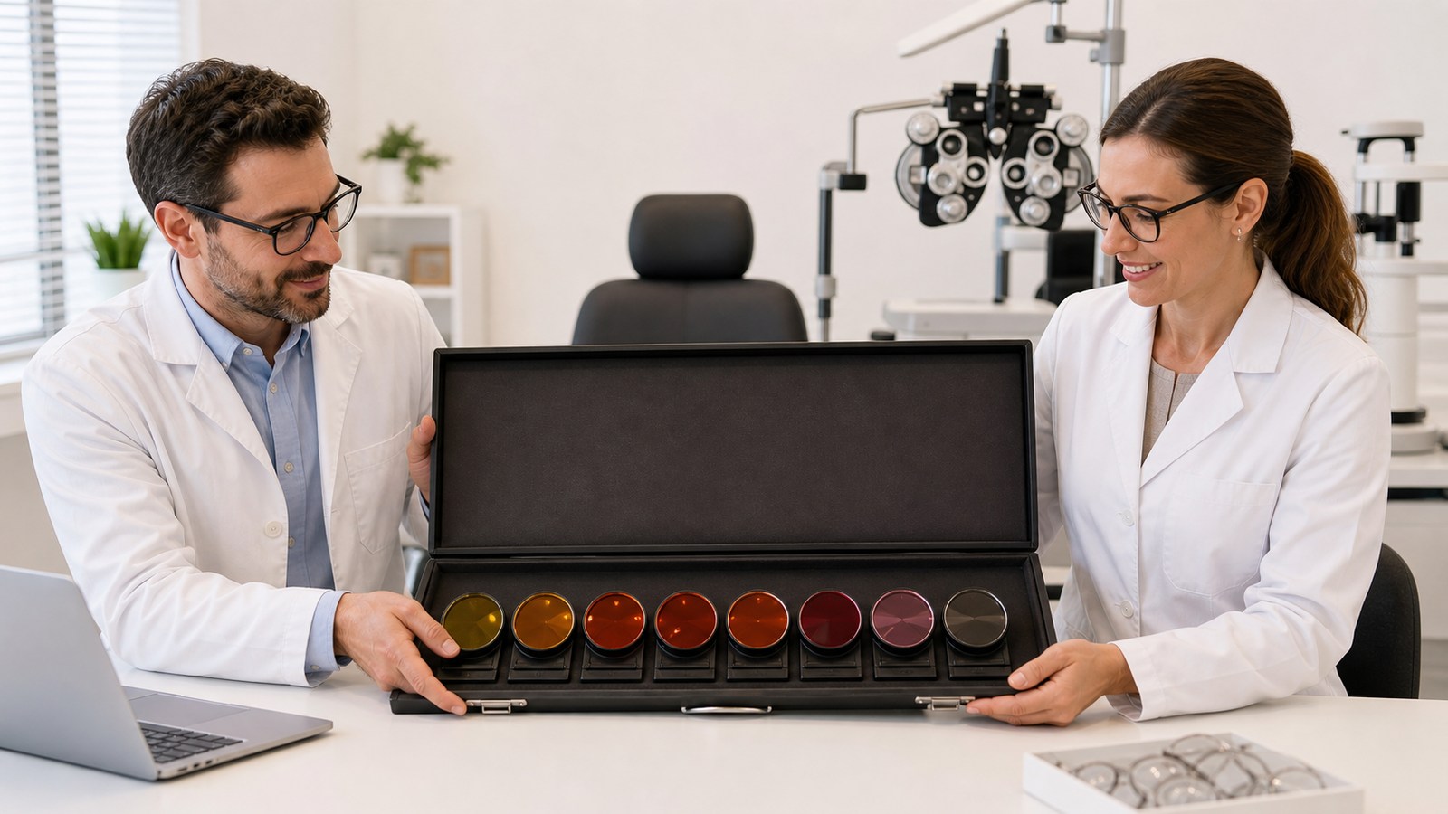 Dos ópticos-optometristas muestran filtros terapéuticos para una valoración individual