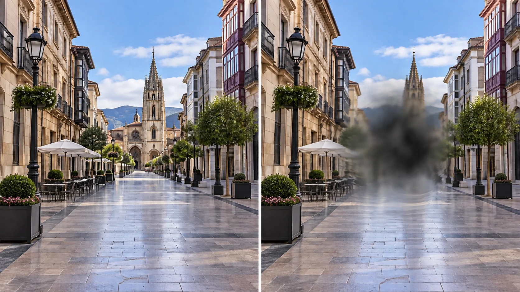 Comparación orientativa de una calle vista con visión habitual y con una alteración central asociada a degeneración macular